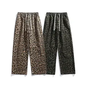 Couple Retro Straight Leopard Sweatpants Fashionable Versatile Casual Long Pants with Elastic Waist Drawstring for Comfort