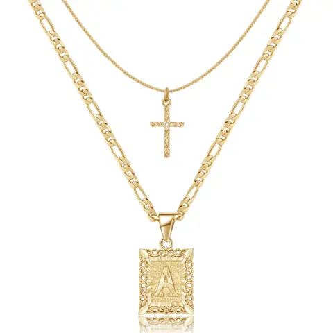 Women's 14K Gold Plated Initial Cross Necklace - A-Z Capital Square Letter Pendant, Figaro Chain Choker, Gold Statement Chain, Non Tarnish Jewelry, Romantic Gifts for Girlfriend, Jewelry for Women