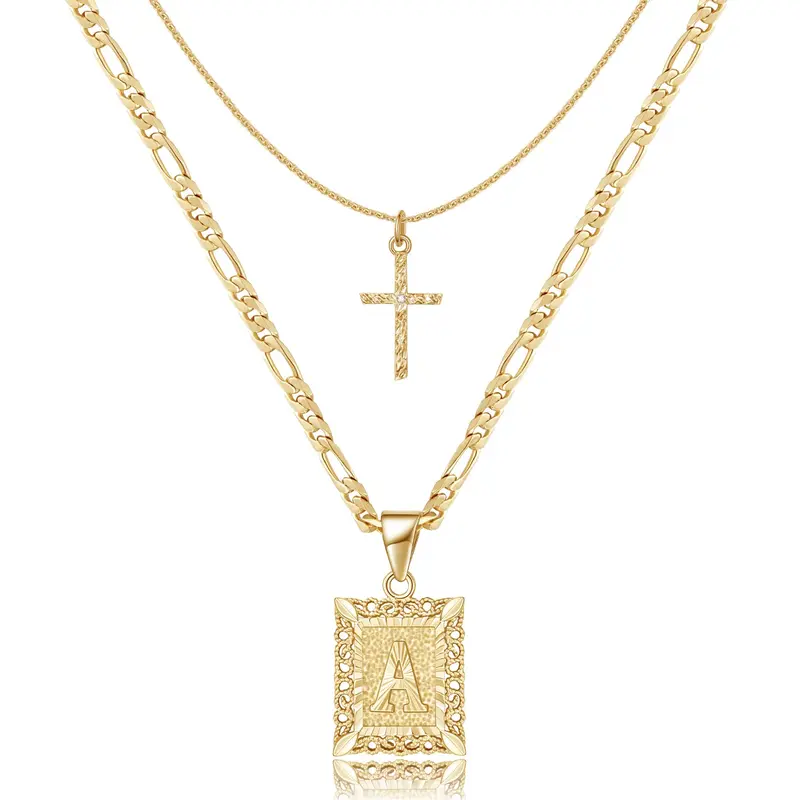 Women's 14K Gold Plated Initial Cross Necklace - A-Z Capital Square Letter Pendant, Figaro Chain Choker, Gold Statement Chain, Non Tarnish Jewelry, Romantic Gifts for Girlfriend, Jewelry for Women