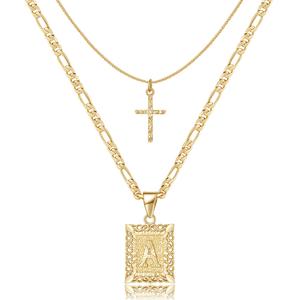Gold Layered Initial Cross Necklace, 14K Gold Plated Layering Square Letter Pendant Figaro Chain Cross Choker from A-Z Capital Jewelry for Women Girls