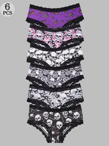 Morvia 6pcs Sexy Cute Women's Panties Underwear. Features Elegant Lace Trim, Fun Skull & Pumpkin Prints, Soft Breathable Fabric, Low Rise Hipster Fit. Perfect for Daily Wear & Holiday Gift Pack.