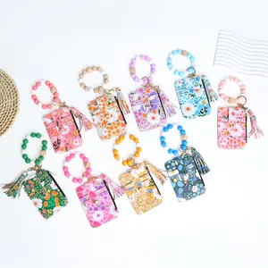 Boho Chic Silicone Beaded Keychain with Floral Tassel & ID Card Holder, Perfect for Gift