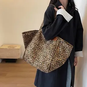 Oversized Leopard Prints Shoulder Bags for Women Deformable Canvas Large Capacity Shopping Totes 2026 Winter New Luxury Handbags