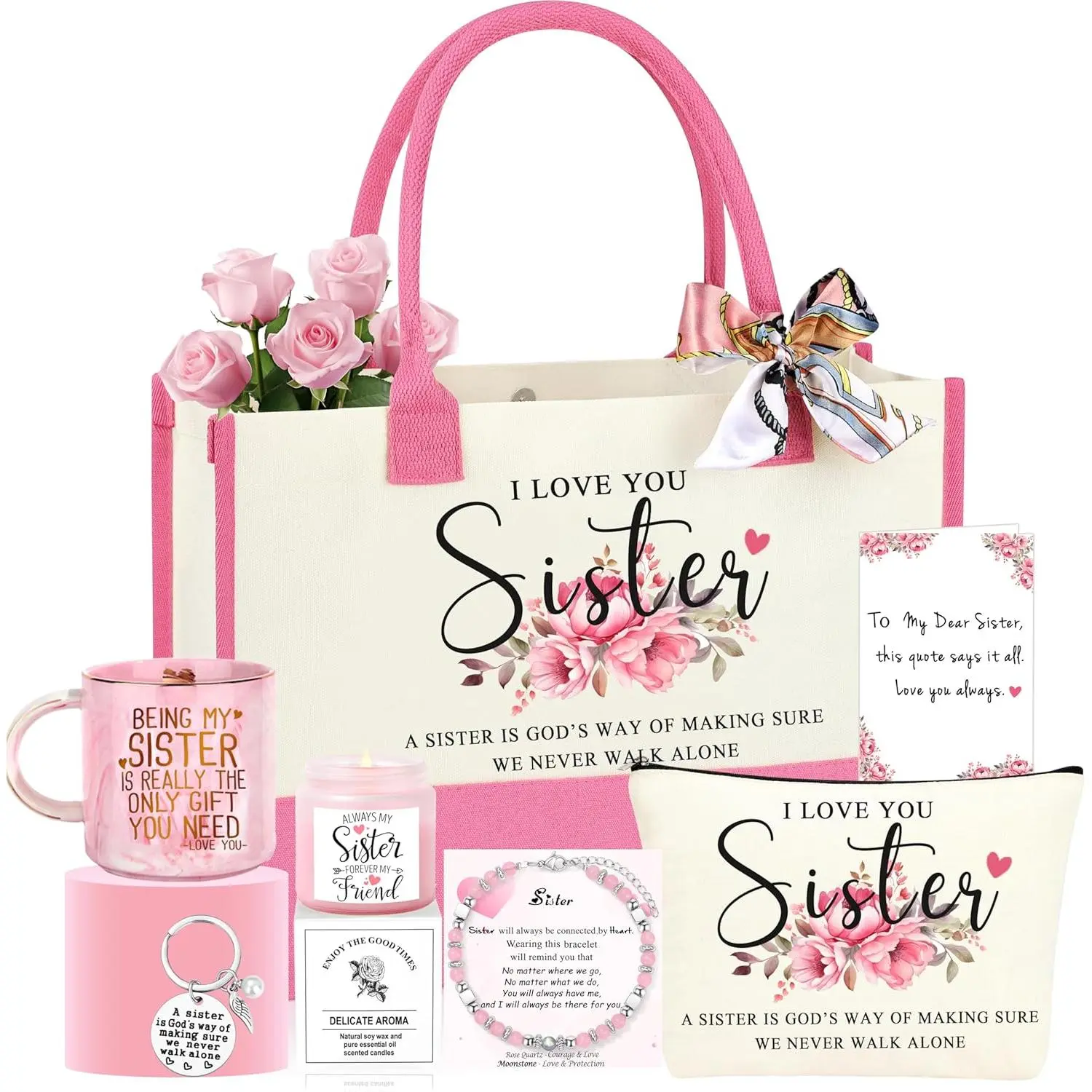 Sister Gifts from Sister Basket Set of 7 , Christmas Birthday Gifts for Sister, Valentines Mothers Day Unique Present Basket