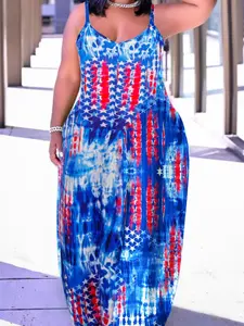 【Plus Size】 All Over Print Cami Dress, Casual Boho Dress, Casual Adjustable Strap Sleeveless Long Dress for Summer, Women's Plus Clothing for Beach Holiday