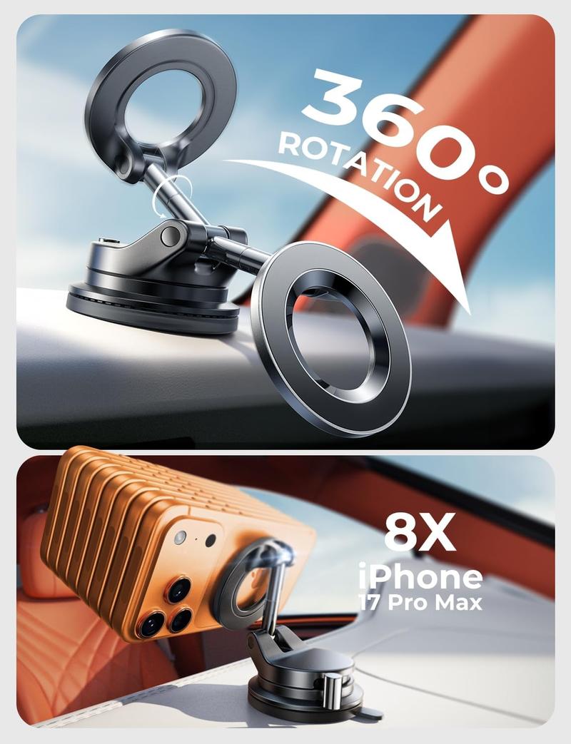 LISEN Suctionpro Phone Holder, 360°Vacuum Car Phone Holder, Suction Phone Mount with One-Step Lock, Retractable, Compact & Stable Design, Car Accessories