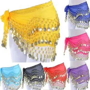 Women 3 Rows 128 Gold Coins Belly Dance Costume Hip Scarf Skirt Belt Wrap Waist Chain