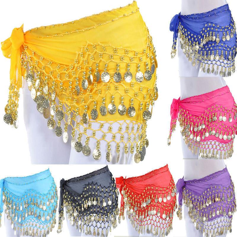 Women 3 Rows 128 Gold Coins Belly Dance Costume Hip Scarf Skirt Belt Wrap Waist Chain