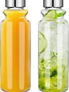 Glass Water Bottles - 2 Packs 18oz Glass Bottles with Lids - Ideal for Juice, Juice Cleanses, and Reusable Juicing Bottles，Wide Mouth Liquid Storage Containers for Refrigerator