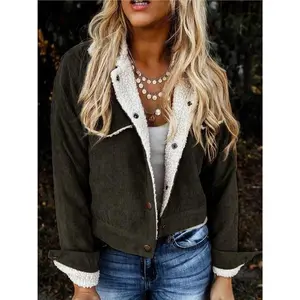Brown Snaps Pocketed Fleece Corduroy Jacket Sherpa Lined Women's Long Sleeve Lapel Collar Casual Winter Outwear Bolero Blazer Hoodie Jumper Can be used with raincoat