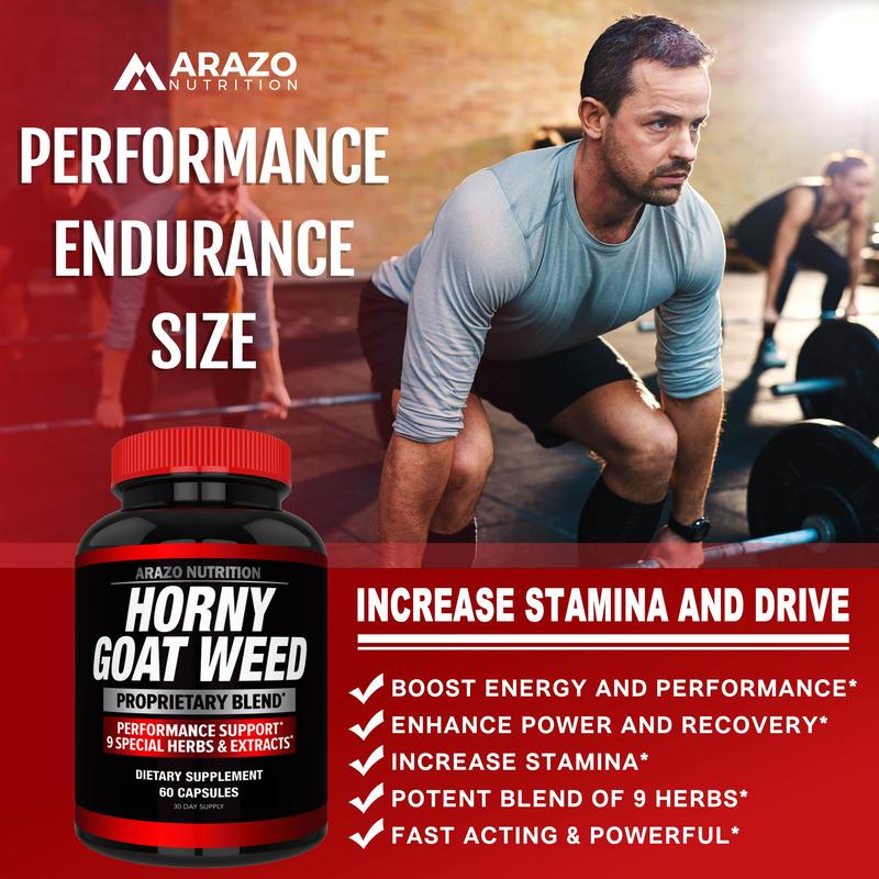 Arazo Nutrition Horny Goat Weed Proprietary Blend 1000mg Fast Acting Powerful 9 Herbs Tongkat Ali Saw Palmetto L Arginine 60 Capsules