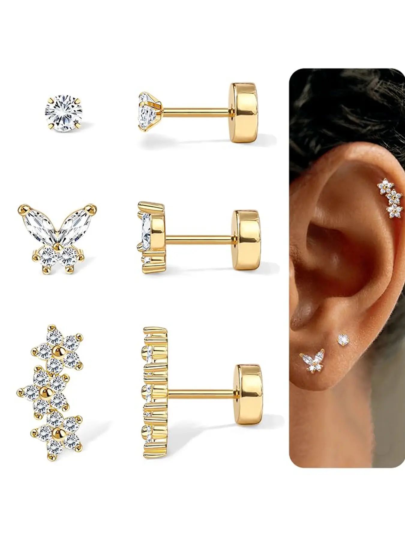 20gauge Flat Back Earrings Stud for Women Hypoallergenic Stainless Steel Cartilage Earrings Helix Tragus Conch Piercing Jewelry 3 Pairs Dainty CZ Butterfly Flower Studs Earrings Set