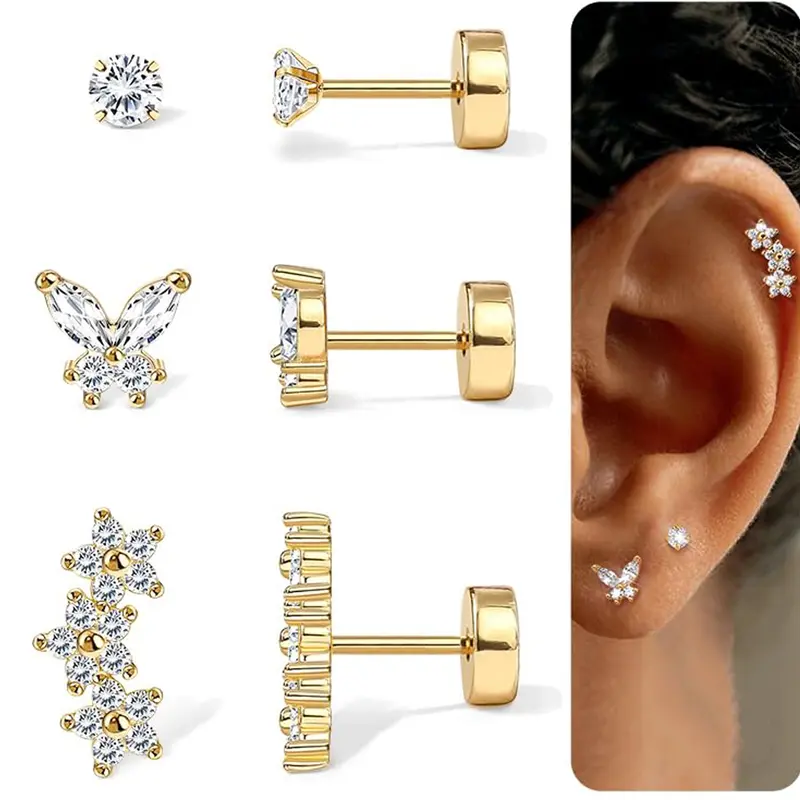 20gauge Flat Back Earrings Stud for Women Hypoallergenic Stainless Steel Cartilage Earrings Helix Tragus Conch Piercing Jewelry 3 Pairs Dainty CZ Butterfly Flower Studs Hypoallergenic Flatback Earrings