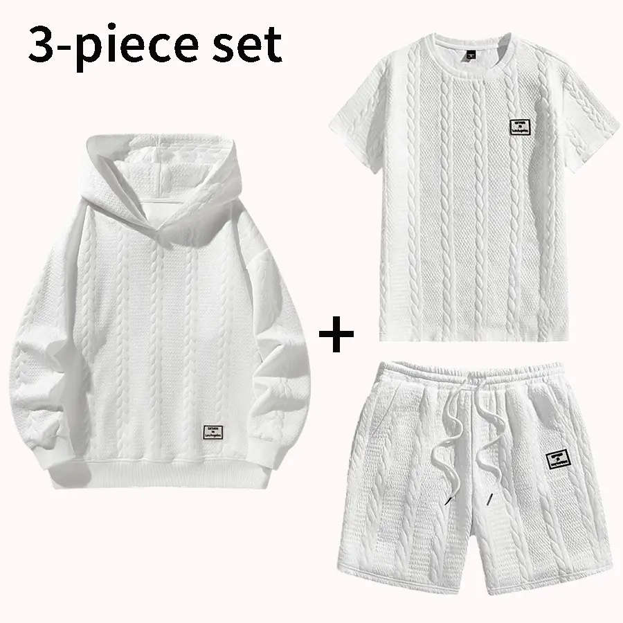 Men’s soft jacquard three-piece set: hooded sweatshirt, T-shirt, and elastic-waist shorts. Suitable for everyday wear, solid color design, regular fit.