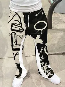 American Comic Style Geometric Graffiti Casual Fitted Pants, Unisex Street Vintage Flared Pants, Sporty Long Pants, Aesthetic Trendy Fashion Perfect Gift, Athleisure Casual Trousers