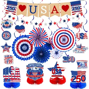 4th of July Decorations, 250th Anniversary Patriotic Memorial Day Decorations, Red White Blue Paper Fans Banner Honeycomb Garland and  Swirls Set for Independence Day Decor
