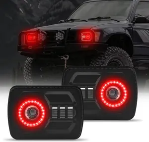 2Pcs Rectangle 5×7 7×6 Inch LED Headlights with Halo DRL & Turn Signal High/Low Beam,Compatible For Cherokee XJ Wrangler YJ GMC Dodge Kenworth T300 Replacement H6054 H5054 6052 (Red Halo)