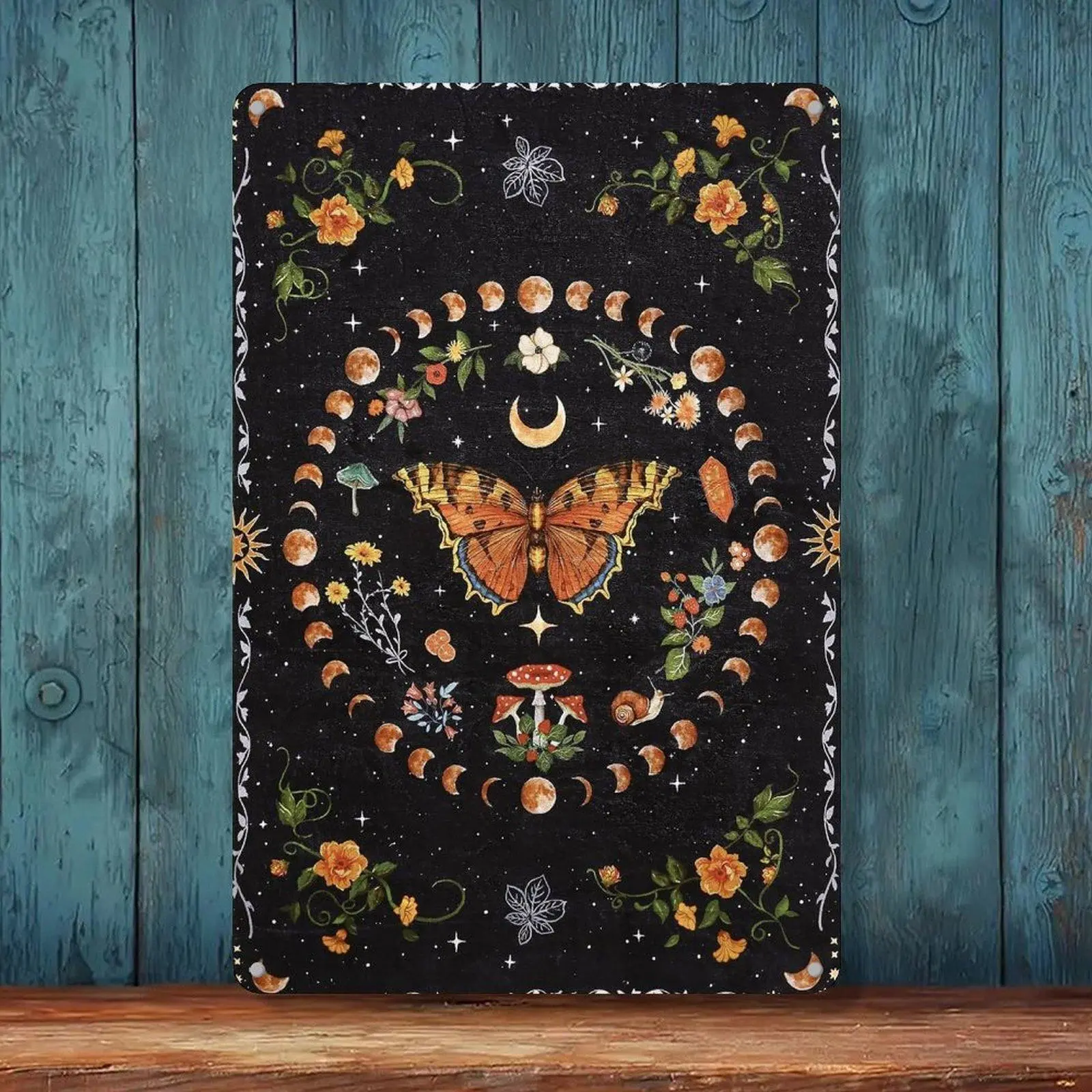 Moon Phase Butterfly Mushroom Celestial Vintage Tin Sign 8x12in Witchy Home Wall Decor Metal Tin Sign