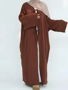 Women's Solid Color Tie Front Abaya without Hijab, Modest Casual Long Sleeve Long Dress for Party Daily Wear, Ladies Islamic Clothing for All Seasons