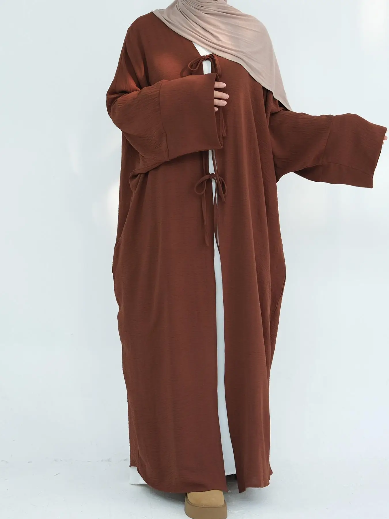 Women's Solid Color Tie Front Abaya without Hijab, Modest Casual Long Sleeve Long Dress for Party Daily Wear, Ladies Islamic Clothing for All Seasons