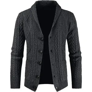 Men's Casual Wool Blend Cardigan Sweaters Long Sleeve Shawl Collar Buttons Down Cable Knit Sweater