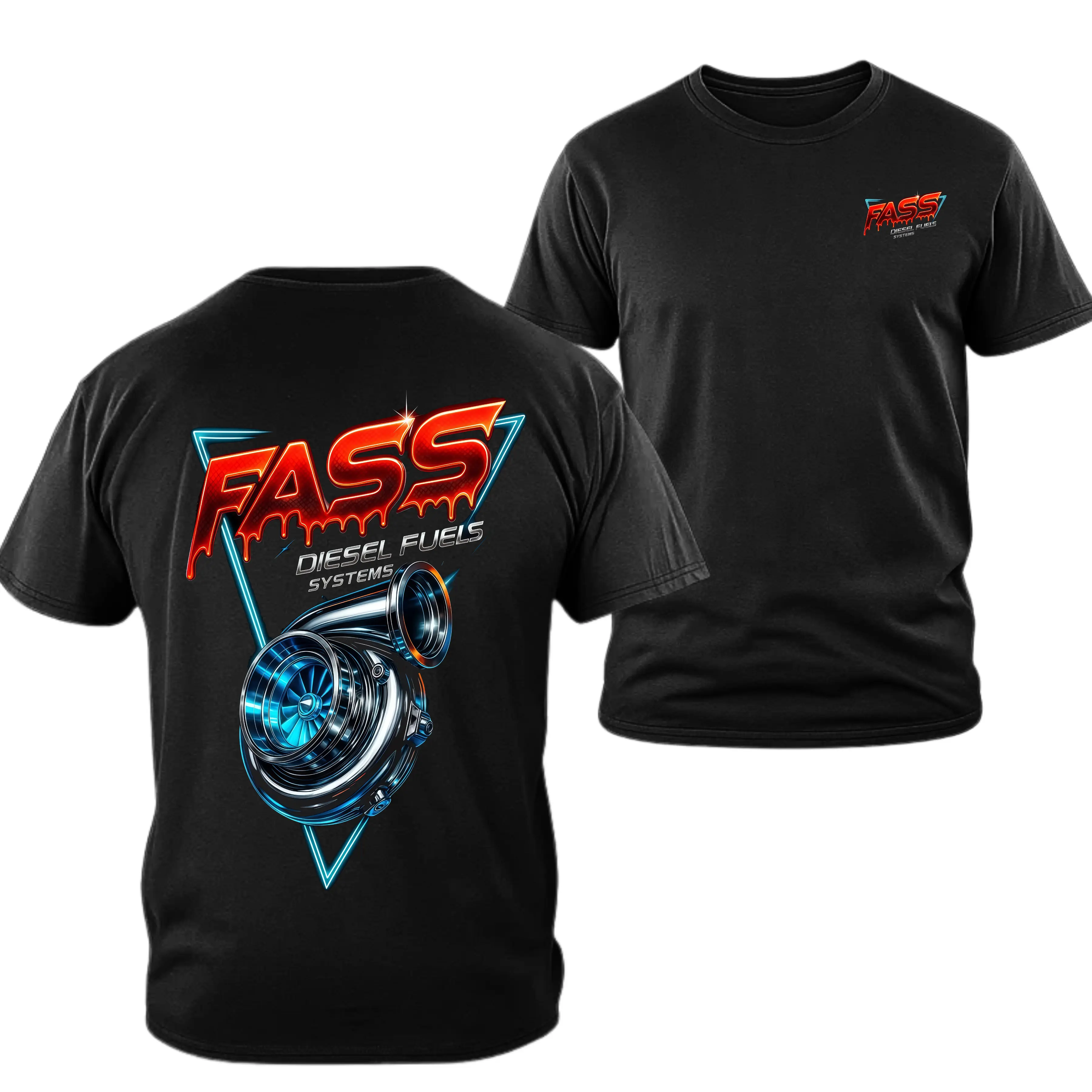 180g[100%cotton]FASS Diesel Fuel Systems T-Shirt with Neon Turbocharger Graphic, Automotive Streetwear 2 Sides Graphic Tee, Soft Cotton Blend Shirt for Men and Women, Gift for Diesel Fans and Mechanics