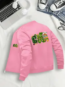 Women's Casual Fitted Jacket, Cma Graphic Pattern, Baseball Collar, Zipper Closure, Pockets, All Seasons, Sizes S to Xxl