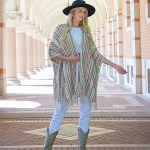 Womenswear Striped Fringe Poncho Knitwear Tops Knitting Beige
