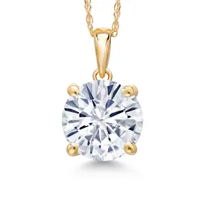 Gem Stone King 4.00 Cttw 14K Yellow Gold White Moissanite Pendant Necklace | Gemstone Birthstone | Round 10MM | Gold Necklace For Women | With 18 Inch Gold Chain