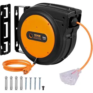 VEVOR Retractable Extension Cord Reel, 45 FT, Heavy Duty 12AWG/3C SJTOW Power Cord, with Lighted Triple Tap Outlet, 15 Amp Circuit Breaker, 180 Swivel Bracket for Ceiling or Wall MountVEVOR Super Brand Day