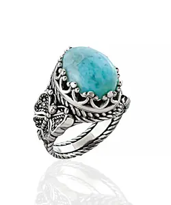 Larimar Gemstone Filigree Art Double Butterfly Detailed Women Silver Statement Ring
