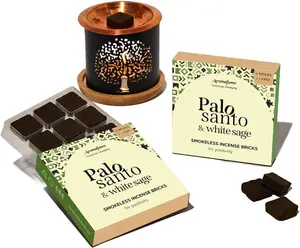 Palo Santo & White Sage Smokeless Incense Bricks & Tree of Life Burner | 2x9 Bricks | Aromatherapy | Essential Oils Based | Natural Air fresheners for Home | Spiritual Smudging Meditation Accessories