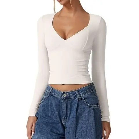 QINSEN V Neck Tops for Women Long Sleeve Crop Tops Double Lined Seamed Cup T Shirts