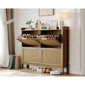 47" Rattan Shoe Storage Cabinet with 4 Flip Drawers & Adjustable Shelves, Holds 40 Pairs, Boho Large Shoe Rack for Entryway Hallway Foyer, Brown