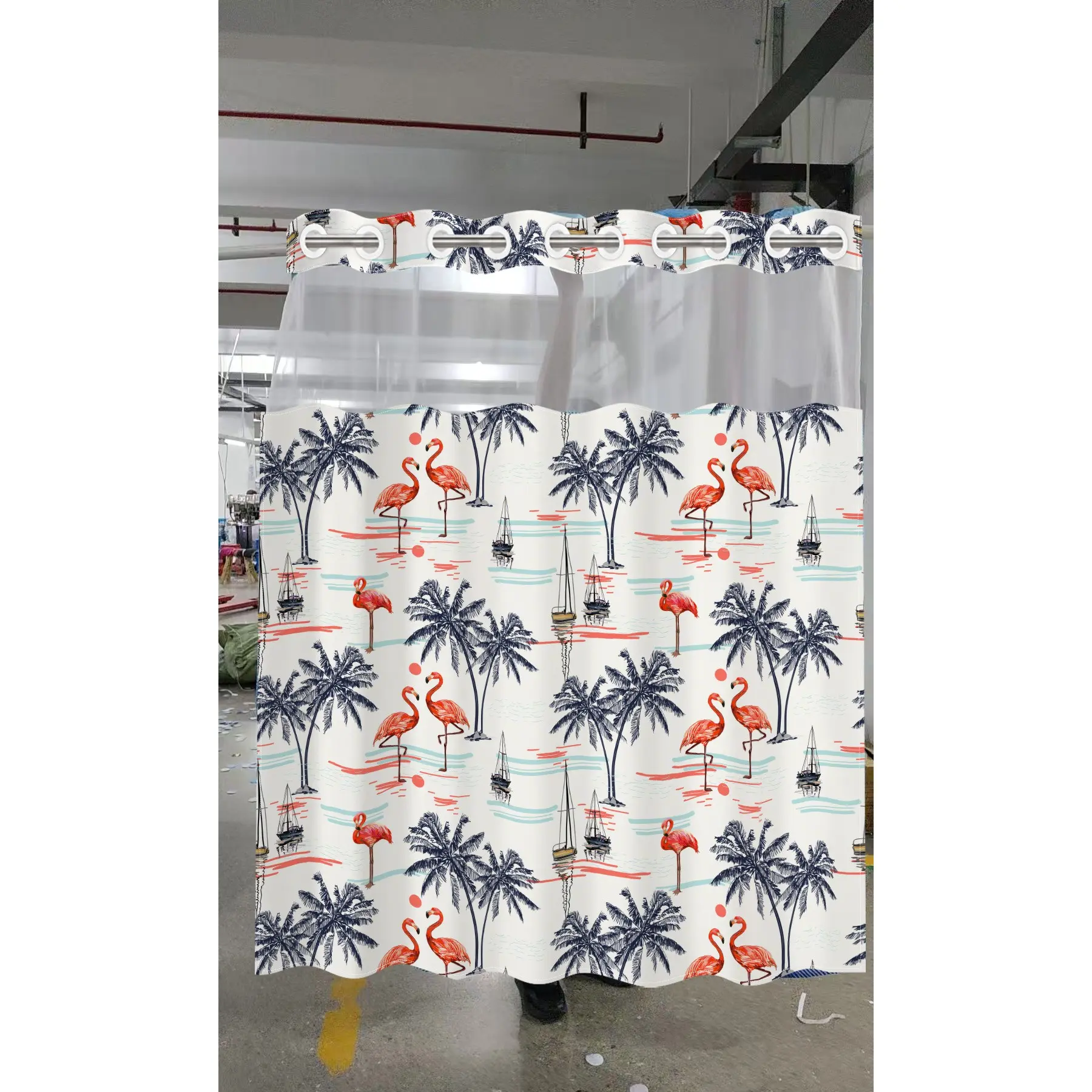 1PC double-layer large ring shower curtain, tropical pattern of flamingo and palm tree, beach shower curtain, Bathroom shower curtains, high-end quick drying hanging curtain, bathroom, curtain, waterproof, anti mold curtain