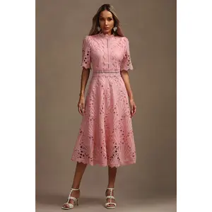 BellaBarnett Lzada Short Sleeves Lace Hollow Out Midi Dress