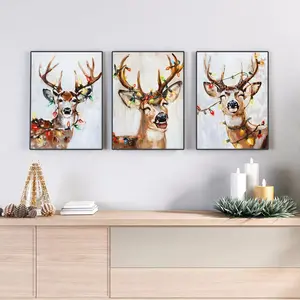 Christmas Deer Pattern Canvas Painting without Frame, 3 Counts/set Modern Wall Art Painting, Wall Art Decor for Home Living Room Bedroom Office Gallery