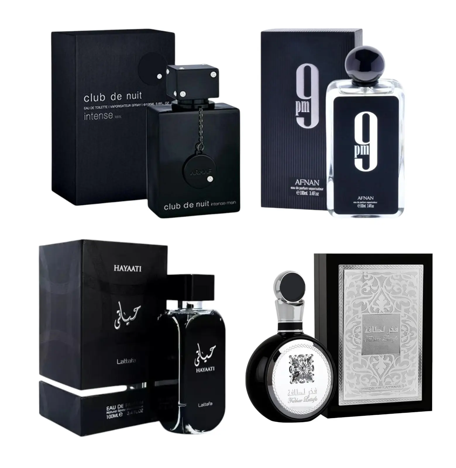 (4pc Bundle Pack) Club De Nuit Intense EDT + 9PM + Hayaati + Fakhar Men EDP Spray, 3.4oz