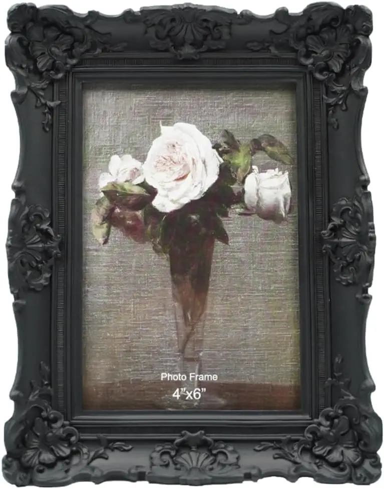 Baroque Antique Ornate Black 4x6 & 2.5x3.5 Synthetic Glass Picture Frame - Home Supplies, Table Top & Wall Mount Display, Decorative Floral Retro Room Accent, Ideal Gift