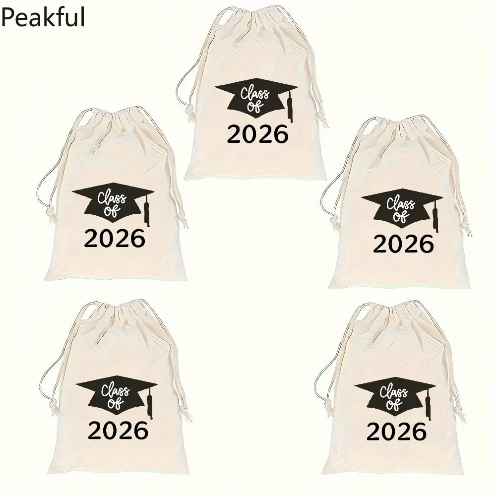 2026 Graduation Cotton Drawstring Pouches, Viral Graduation Party Gift Bags for Graduates, Multi-pack Reusable Keepsake Bags with Graduation Theme, durable fabric & drawstring closure, college high school grad events, candy treats and souvenir packaging