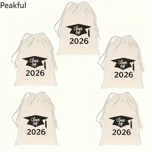 2026 Graduation Cotton Drawstring Pouches, Viral Graduation Party Gift Bags for Graduates, Multi-pack Reusable Keepsake Bags with Graduation Theme, durable fabric & drawstring closure, college high school grad events, candy treats and souvenir packaging