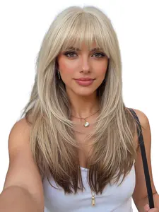 24 Inch Long Straight Wig with Bangs for Women, Elegant Natural Look, Easy Maintenance, Suitable for All Seasons, Synthetic Hair, Fashion Wig