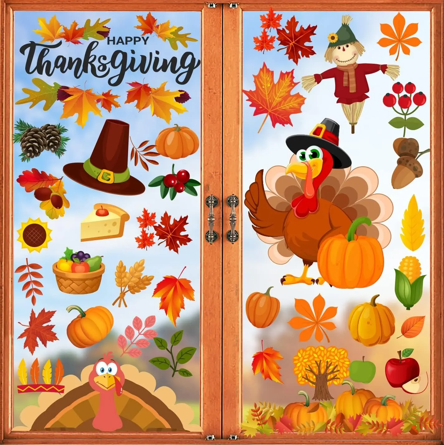 158Pcs Thanksgiving Window Clings for Glass Window, Double Sided Fall Turkey Window Stickers Deals Decor for Home Office Decorations, Thanksgiving Decorations Indoor
