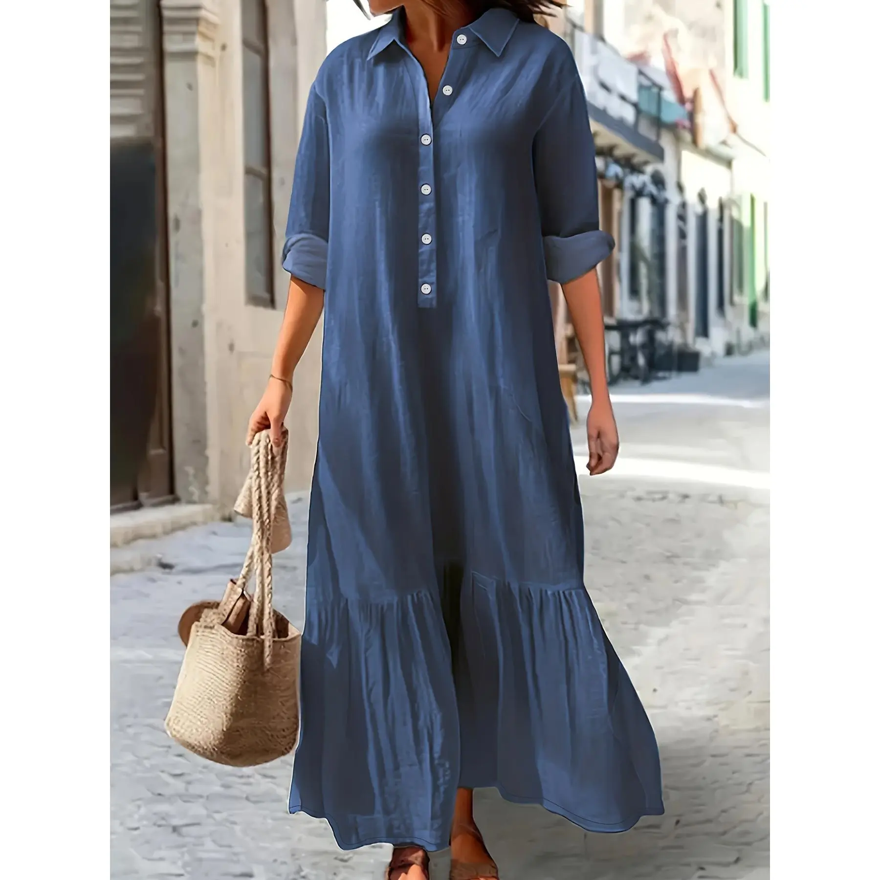 Stylish Plus Size Ruffled Hem Maxi Denim Dress - Women's Fashionable Long Sleeve Button Up Denim Dresses with Washed Blue Color and Flattering Fit - Perfect for Casual Daily Wear - TikTok Shop Stylish Plus Size Ruffled Hem Maxi Denim Dress - Women's Fashionable Long Sleeve Button Up Denim Dresses with Washed Blue Color and Flattering Fit - Perfect for Casual Daily Wear - TikTok Shop