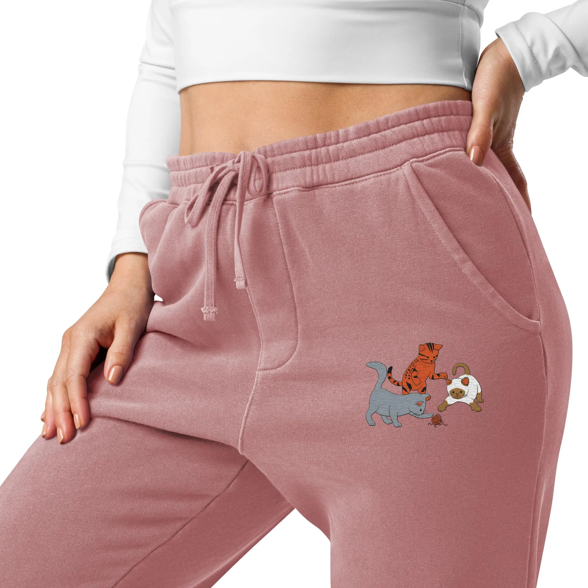cats playing embroidery | women's pigment-dyed sweatpants