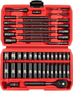 1/4" Drive Socket Set & Nut Driver Set 44 count, 1/4-Inch Sockets Deep&Shallow Metric(4-15mm) with Ratchet, 1/4" Hex Shank 6" Long Nut Drivers(6-14mm) for Impact Drill Bits(PH1 PH2)