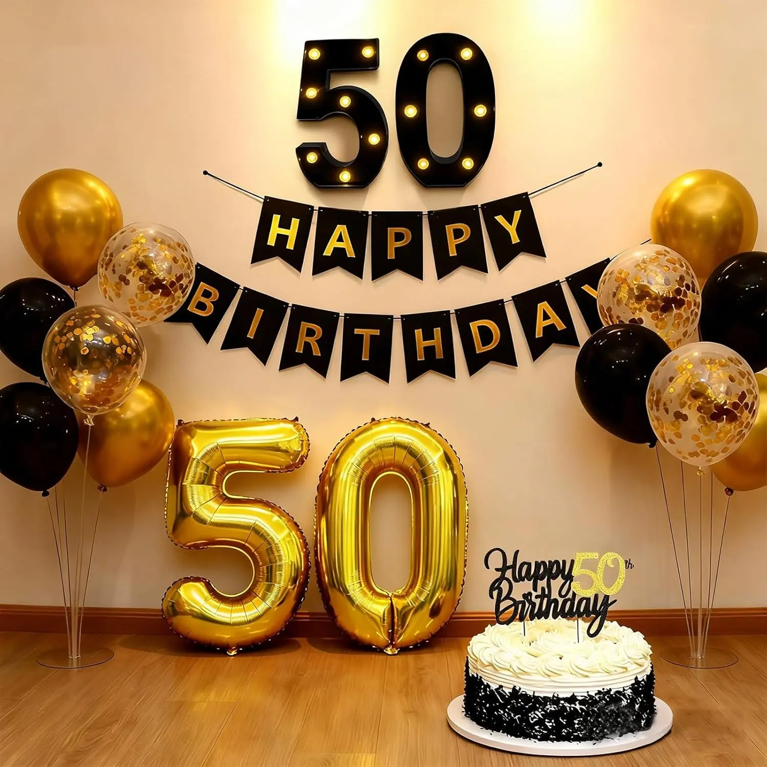 Lightweight Black Gold 50th LED Light Number Sign Decor Kit - Wall Photo Backdrop Supplies, Happy Birthday Banner, Balloons, Cake Topper (Festive Party Decorations Set), Birthday Party Decorations