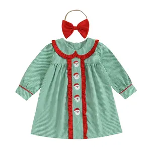Toddler Baby Girl Christmas Dress Santa Claus Embroidery Long Sleeve Doll Collar Bubble Dress + Cute Headband 2Pcs Toddler Girl Christmas Outfit