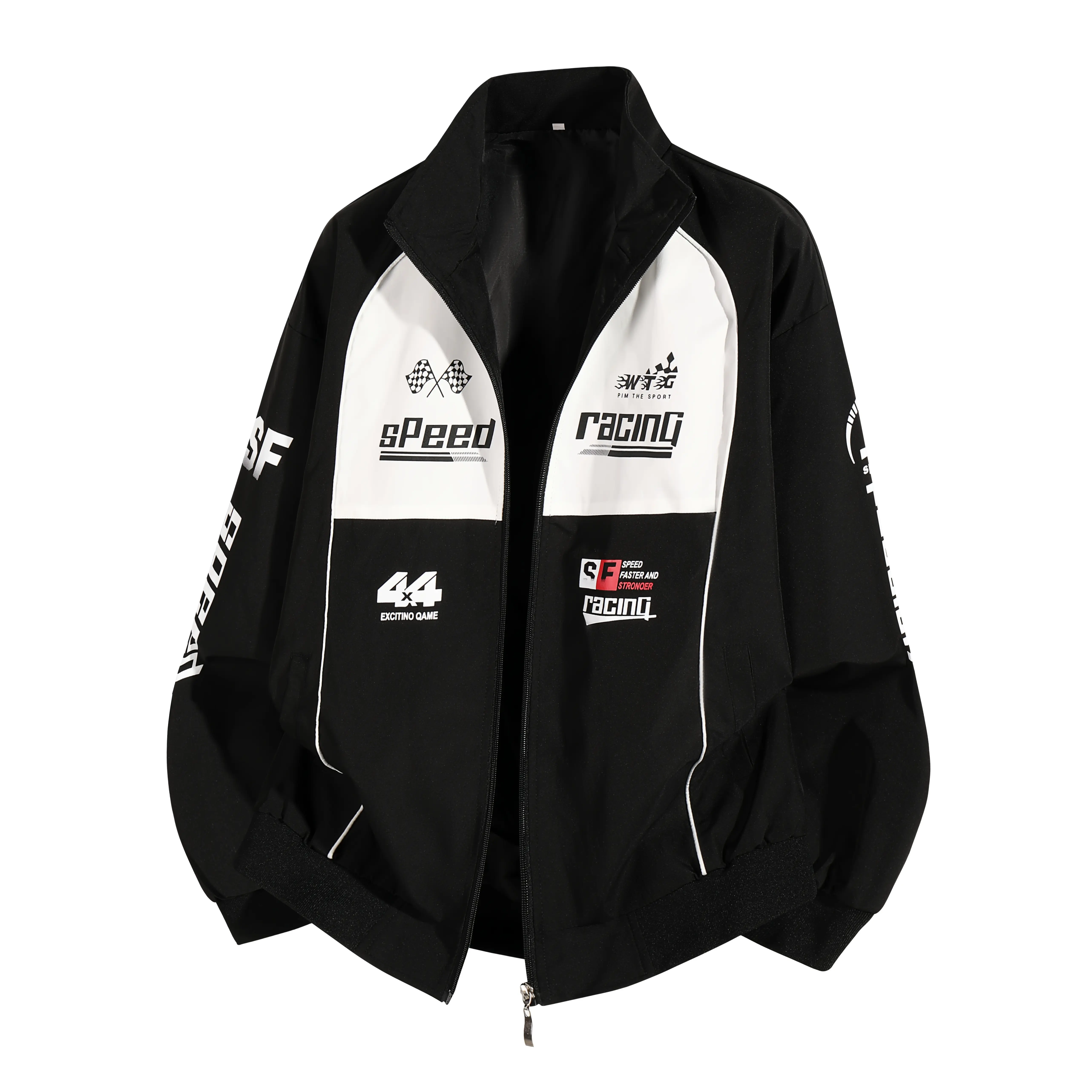 Mens Black-White Color Block Racing Bomber Jacket - Menswear Coats, Long Sleeve Tops, Speed Graphic Stand Collar Windbreaker for Streetwear Casual Outfits
