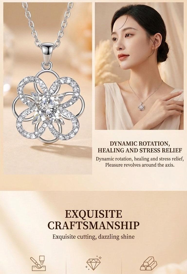 Rotatable Silver Flower CZ Pendant Necklace - Spinning Fidget Flower Necklace 25cm Chain Dainty Jewelry for Women